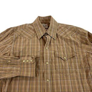 Ruehl No 925 Pearl Snap Western Shirt Mens S Y2K Brown Plaid 90s Pocket Cowboy